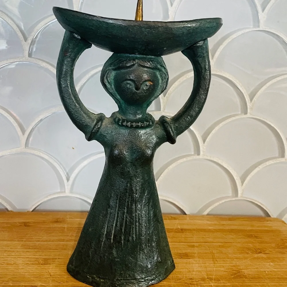 Danish Verdigris Bronze Candle Holder Woman w Basket Gunnar Andre Ystad-Metall